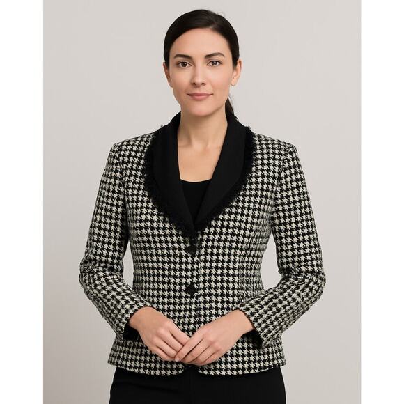 NEW Shomi by Miller Shor Houndstooth Blazer Jacket 14 Petites Black White Lined - Picture 1 of 11